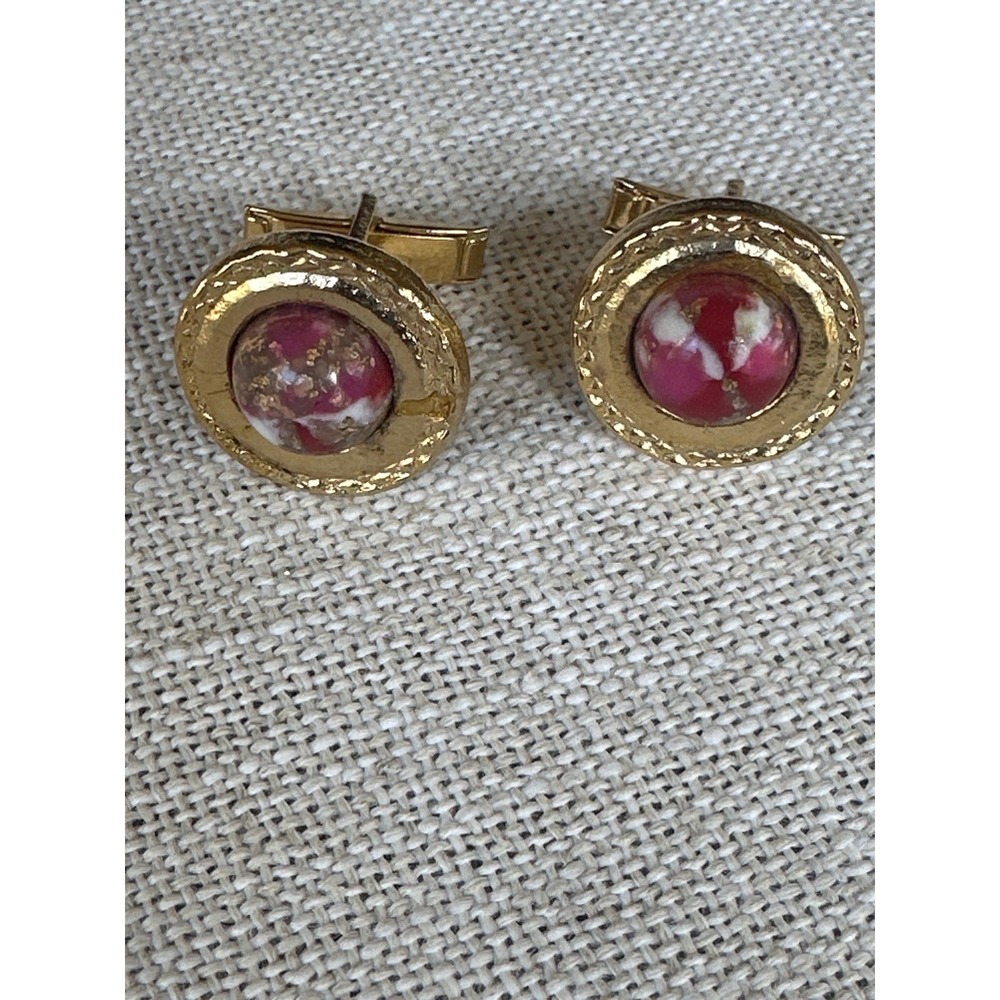 Vintage Mid-Century Gold Tone & Pink Confetti Lucite Cufflinks MCM